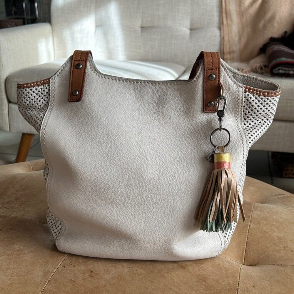 Boho Resort Genuine Leather Slouchy Tote Hobo Bag Tassle White - Picture 2 of 16